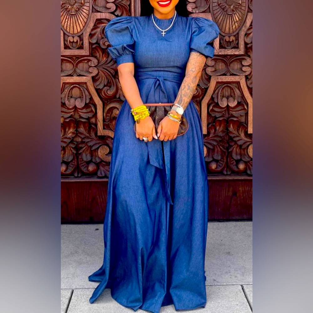 Denim Maxi Dress with Belt